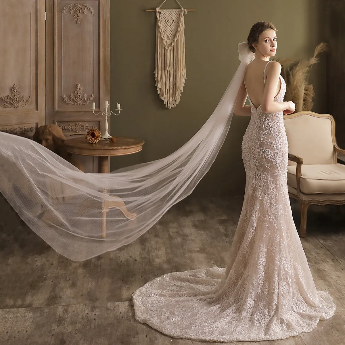 Roycebridal Big Bow Long Chapel Length Veil