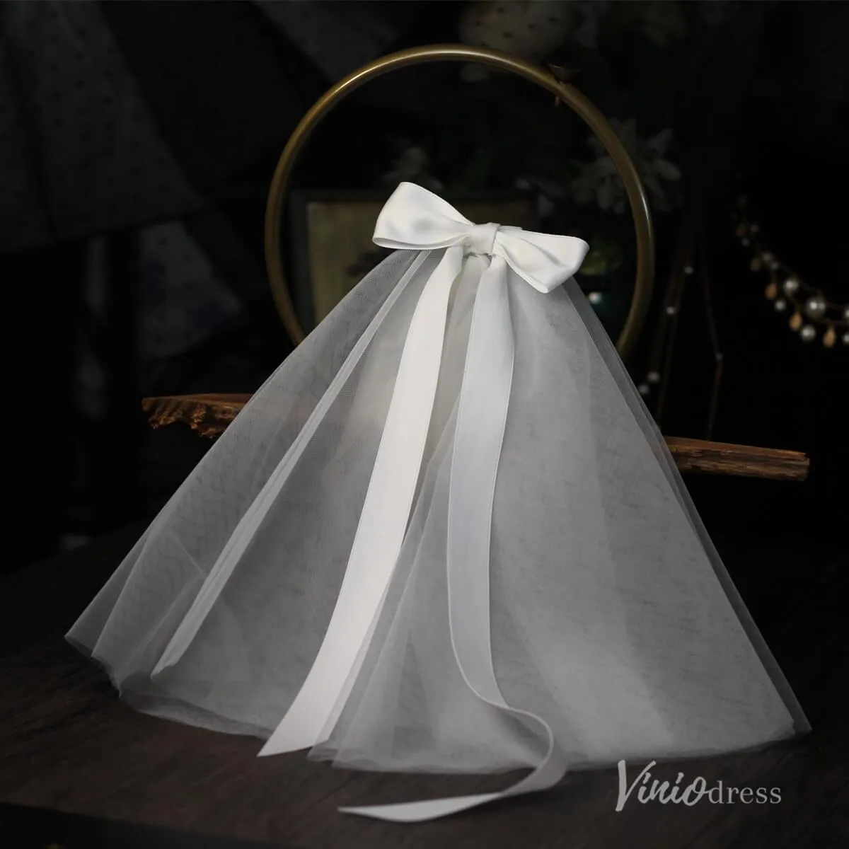 Roycebridal Classy Satin Tulle Short Veil with Bow Viniodress AC1313