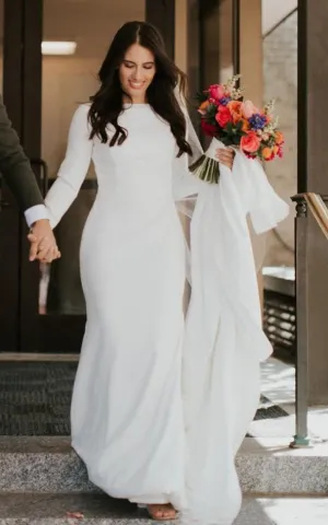 Satin Floor-length Chapel Train Mermaid Long Sleeve Simple Wedding Dress-716002