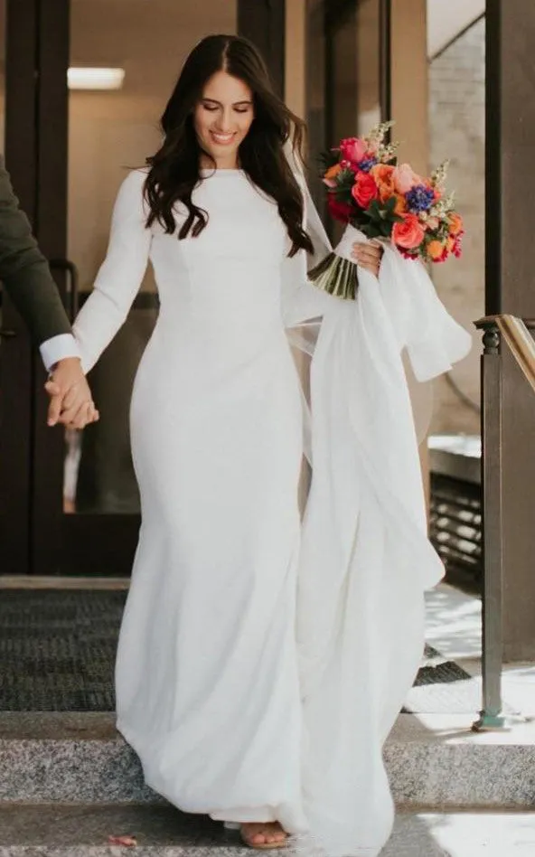 Satin Floor-length Chapel Train Mermaid Long Sleeve Simple Wedding Dress-716002