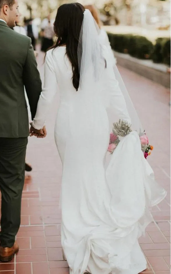 Satin Floor-length Chapel Train Mermaid Long Sleeve Simple Wedding Dress-716002