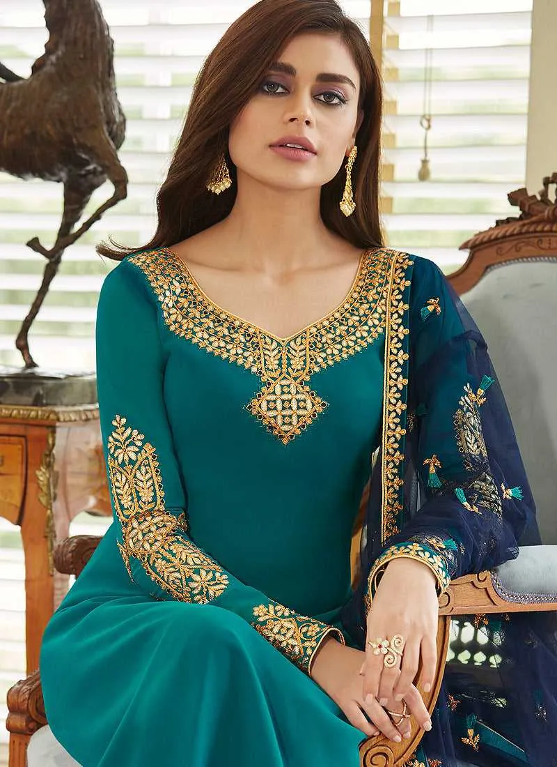 Sea Green and Gold Embroidered Straight Pant Style Suit