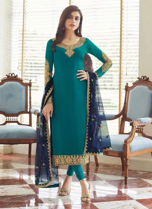 Sea Green and Gold Embroidered Straight Pant Style Suit