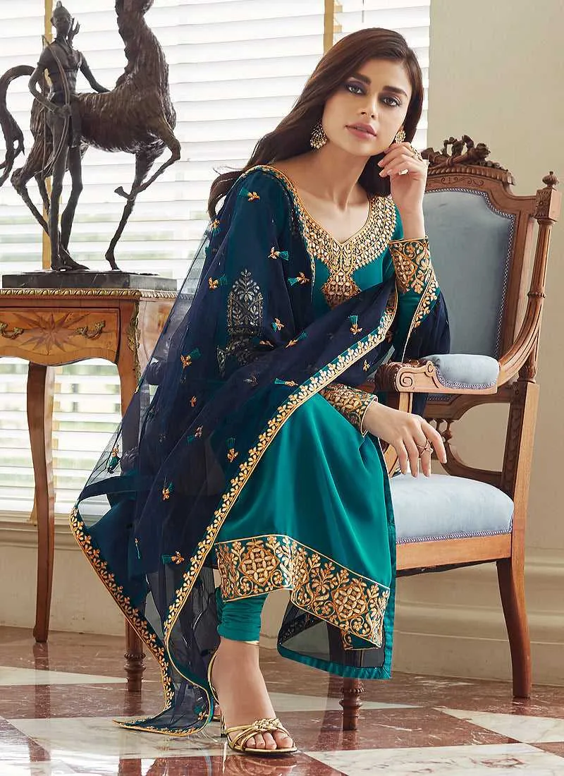 Sea Green and Gold Embroidered Straight Pant Style Suit