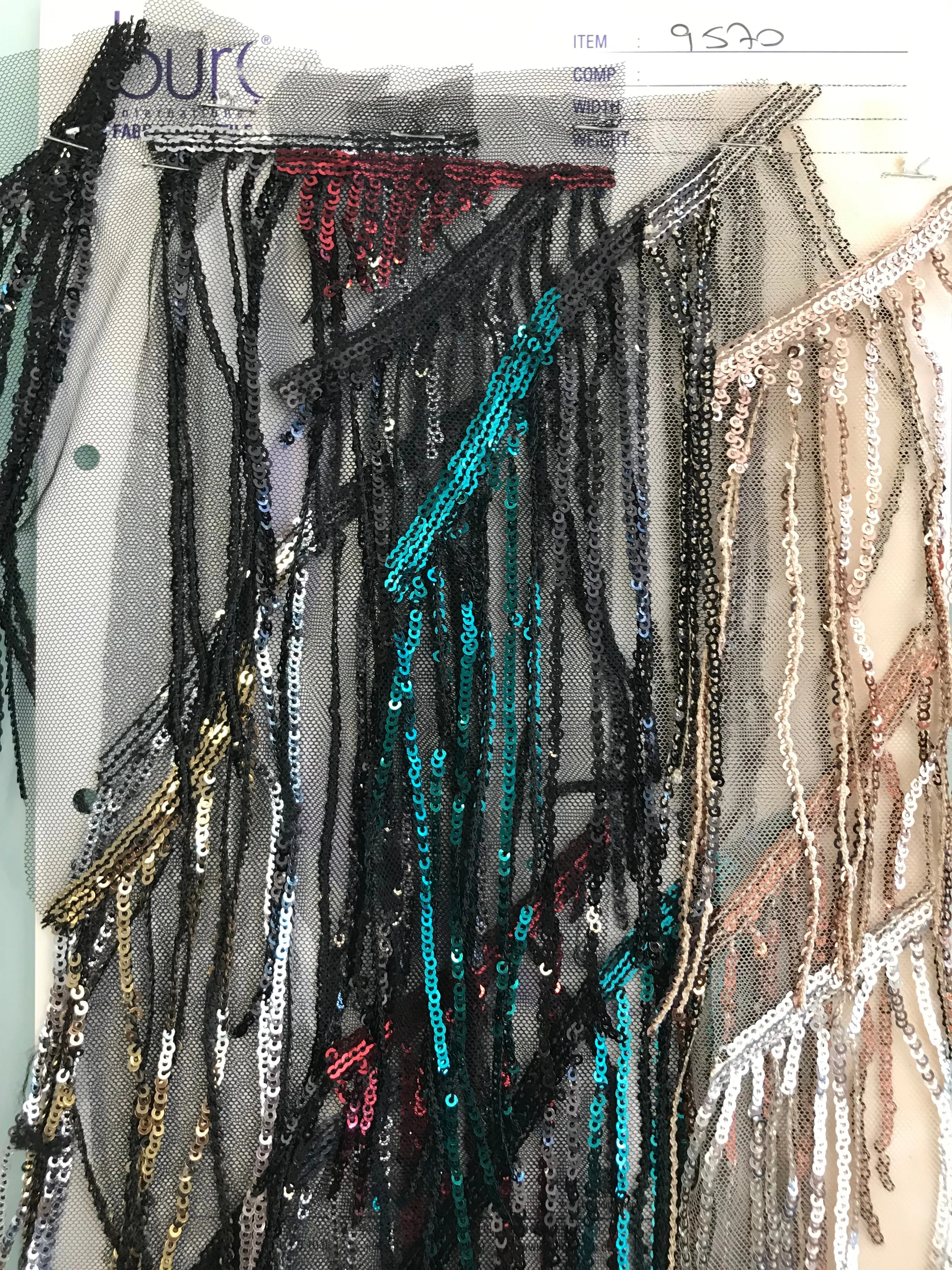 Sequin Embroidered Tulle Fabric with 3D Fringe Decoration