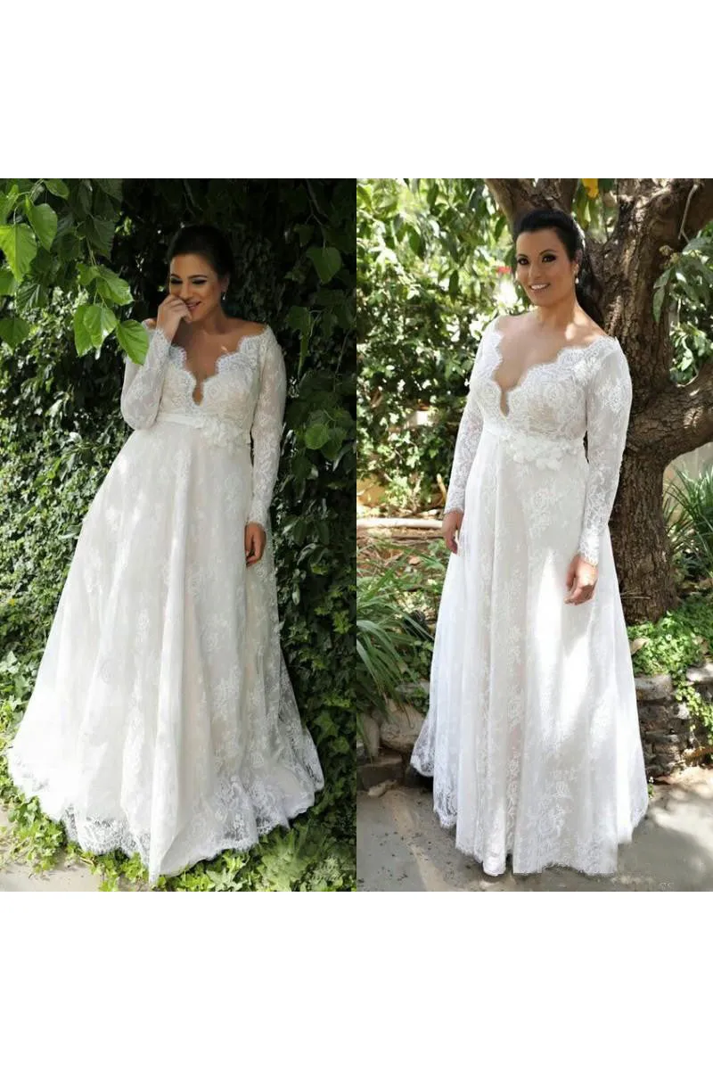 Sexy Sheer V Neck Long Sleeves Lace Floor Length Garden Plus Size Wedding Dress-715403