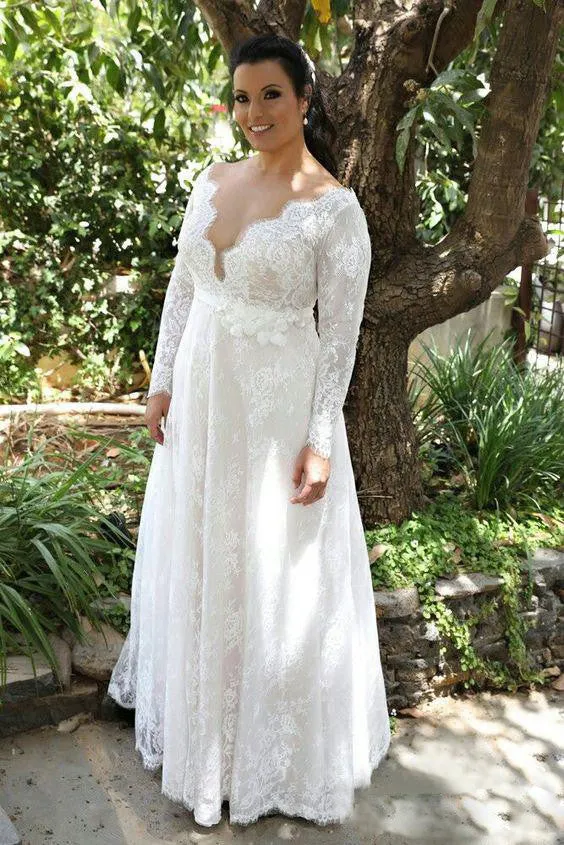 Sexy Sheer V Neck Long Sleeves Lace Floor Length Garden Plus Size Wedding Dress-715403