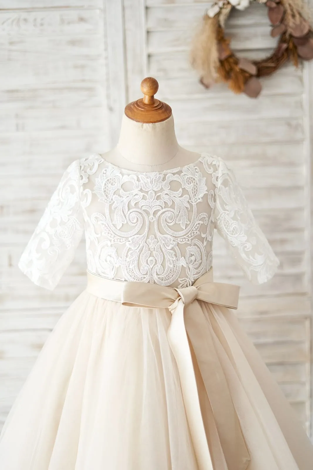 Short Sleeves Ivory Lace Tulle Wedding Flower Girl Dress, Champagne Lining