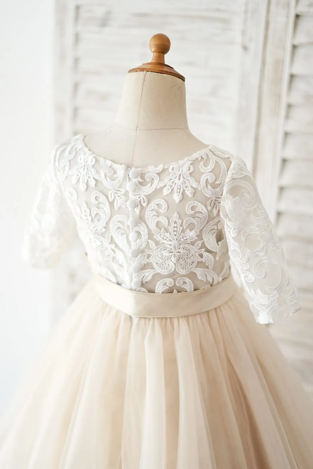 Short Sleeves Ivory Lace Tulle Wedding Flower Girl Dress, Champagne Lining
