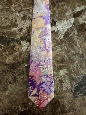 Silk Tie 4” Orange, purple peach green paisley, water marbled