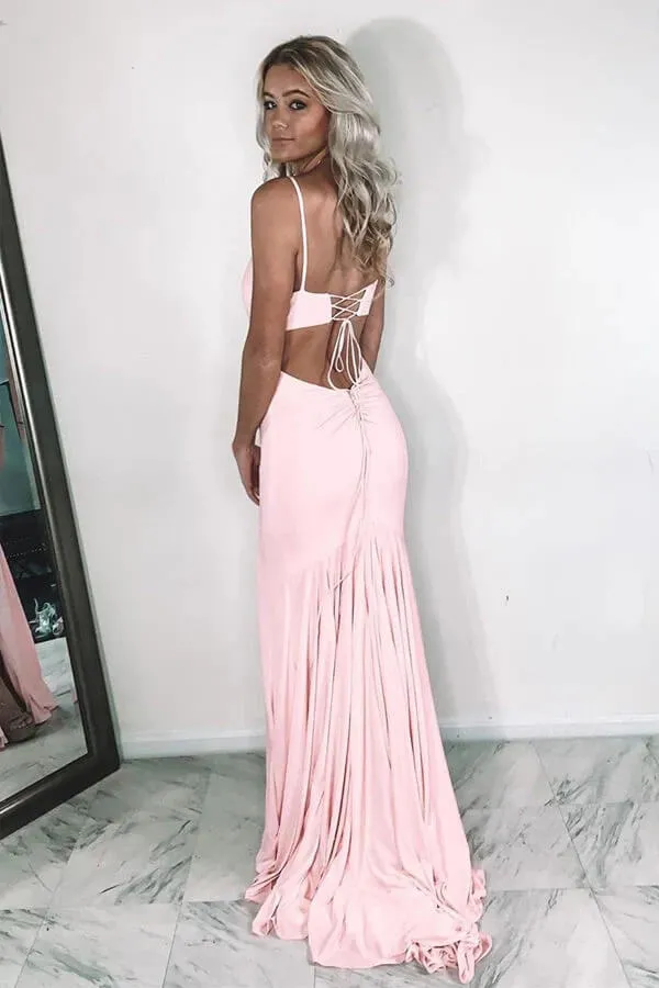Simple Pink Mermaid V-neck Satin Prom Dresses, Formal Dress With Slit, MP809