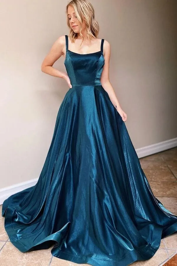 Simple Satin A-line Square Neck Backless Prom Dresses, Evening Gown, MP691