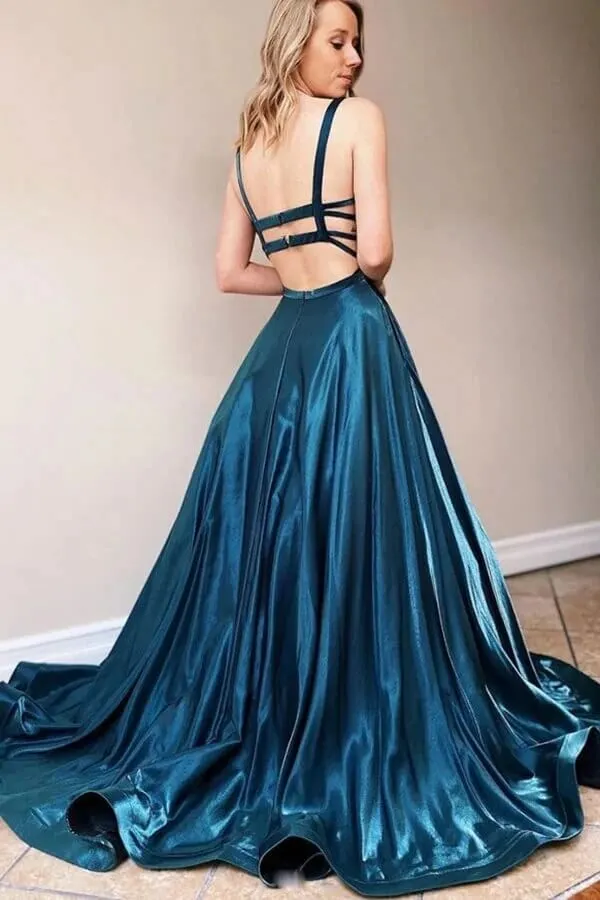 Simple Satin A-line Square Neck Backless Prom Dresses, Evening Gown, MP691