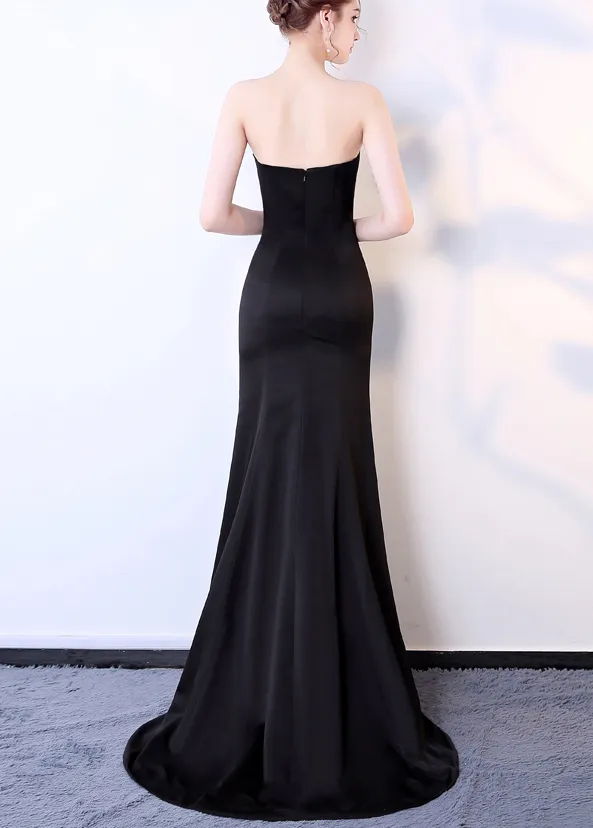 Simple Sheath Sexy Slit Black Soft Satin Party Dress