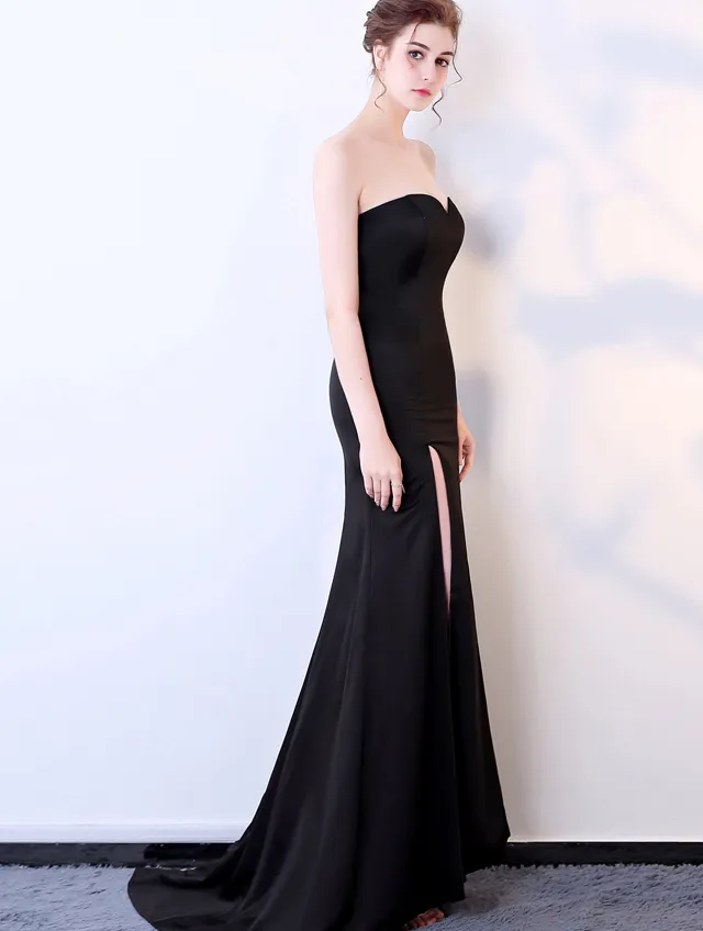 Simple Sheath Sexy Slit Black Soft Satin Party Dress