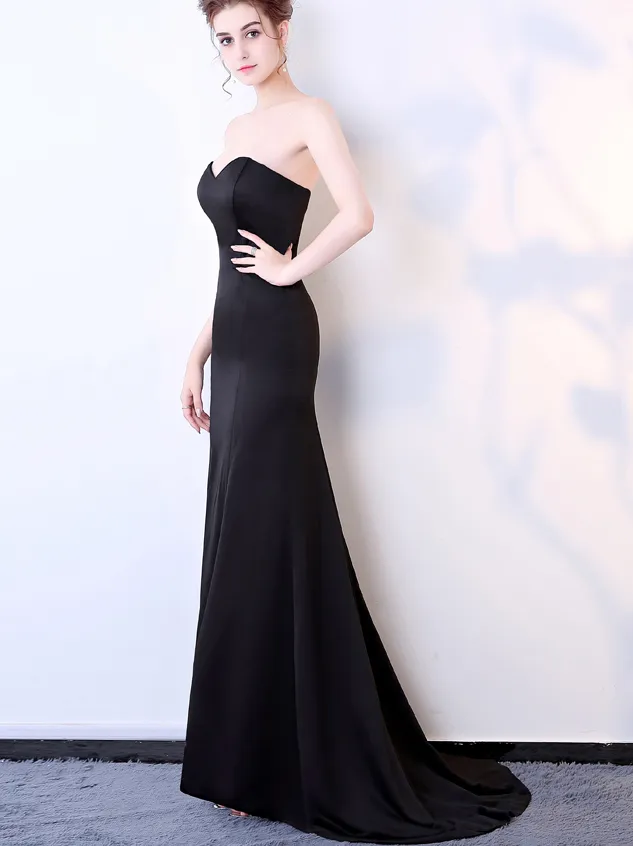 Simple Sheath Sexy Slit Black Soft Satin Party Dress