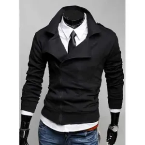 Slim Fit Turn Down Collar Solid Color Inclined Zipper Sweatshirt For Men - Black L