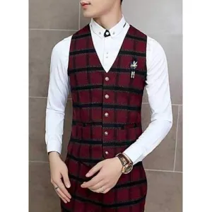 Slim Fit V-Neck Single Breasted Plaid Waistcoat For Men - Red M