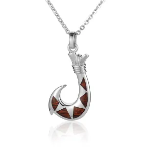 Small Solid Silver Fish Hook Hawaiian Koa Wood Inlaid Pendant (Chain Sold Separately)