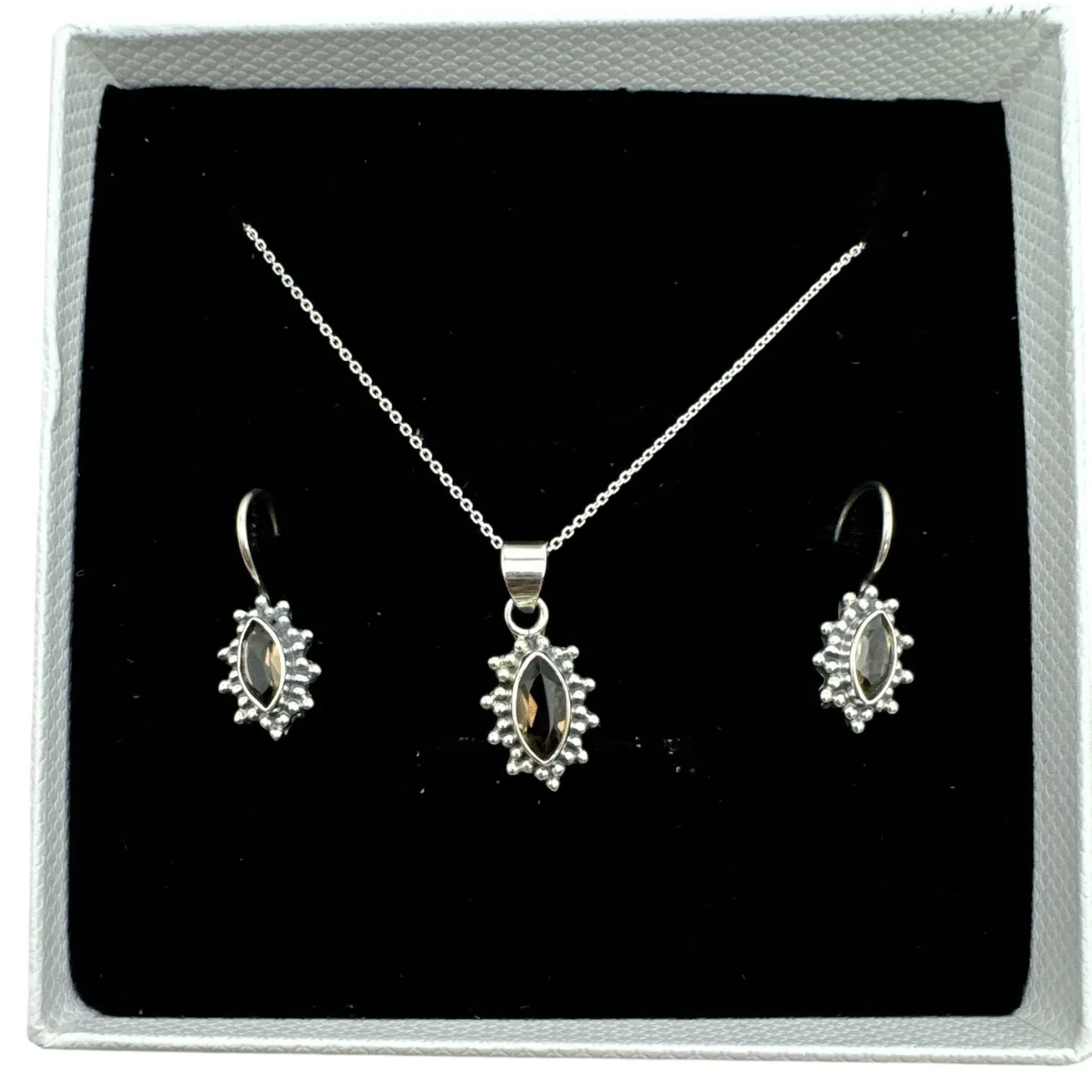 Smoky Topaz Solid 925 Sterling Silver Pendant Earrings Set