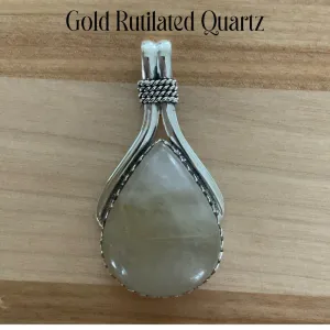 Solid 925 Sterling Silver Gold Rutilated Quartz Pendant