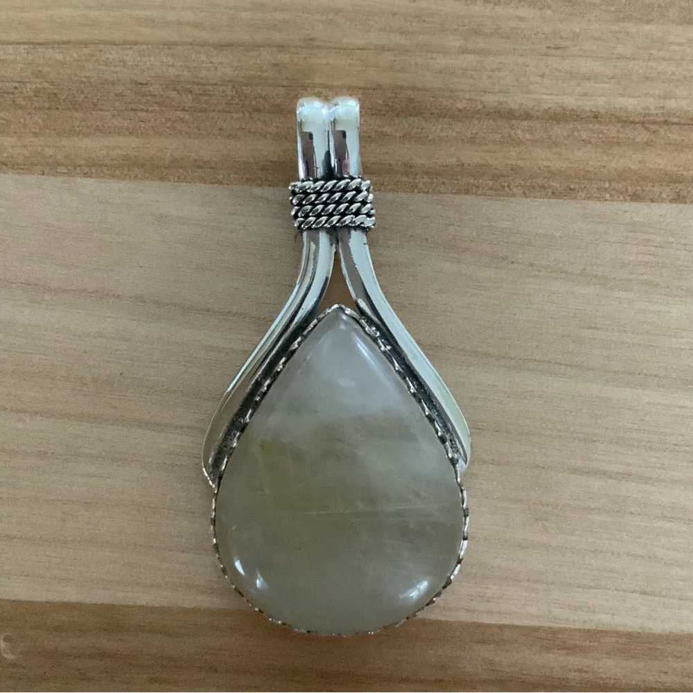 Solid 925 Sterling Silver Gold Rutilated Quartz Pendant