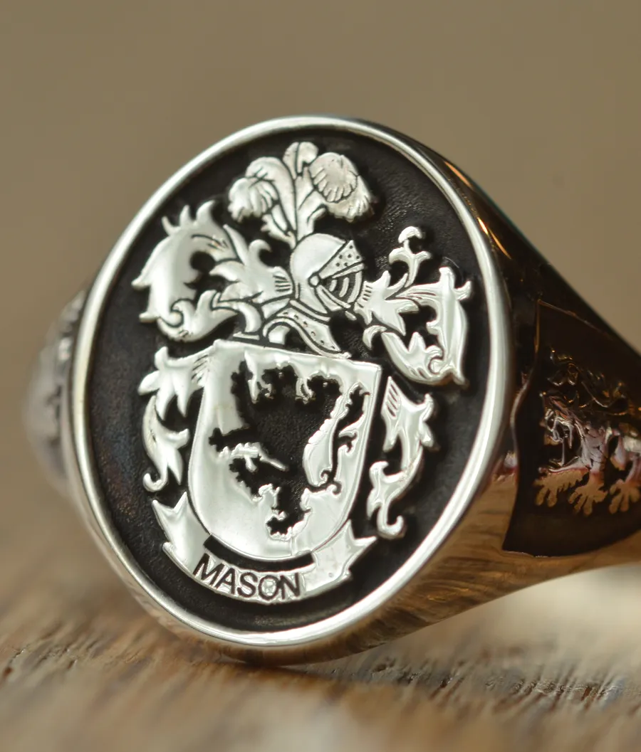 Solid Gold Custom Made Family Crest Ring - Mason Crest - Any Crest