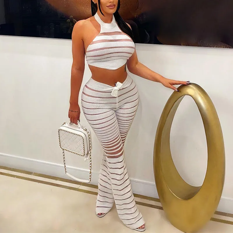 Solid Knit Halter Back Ties Top & Pants Set