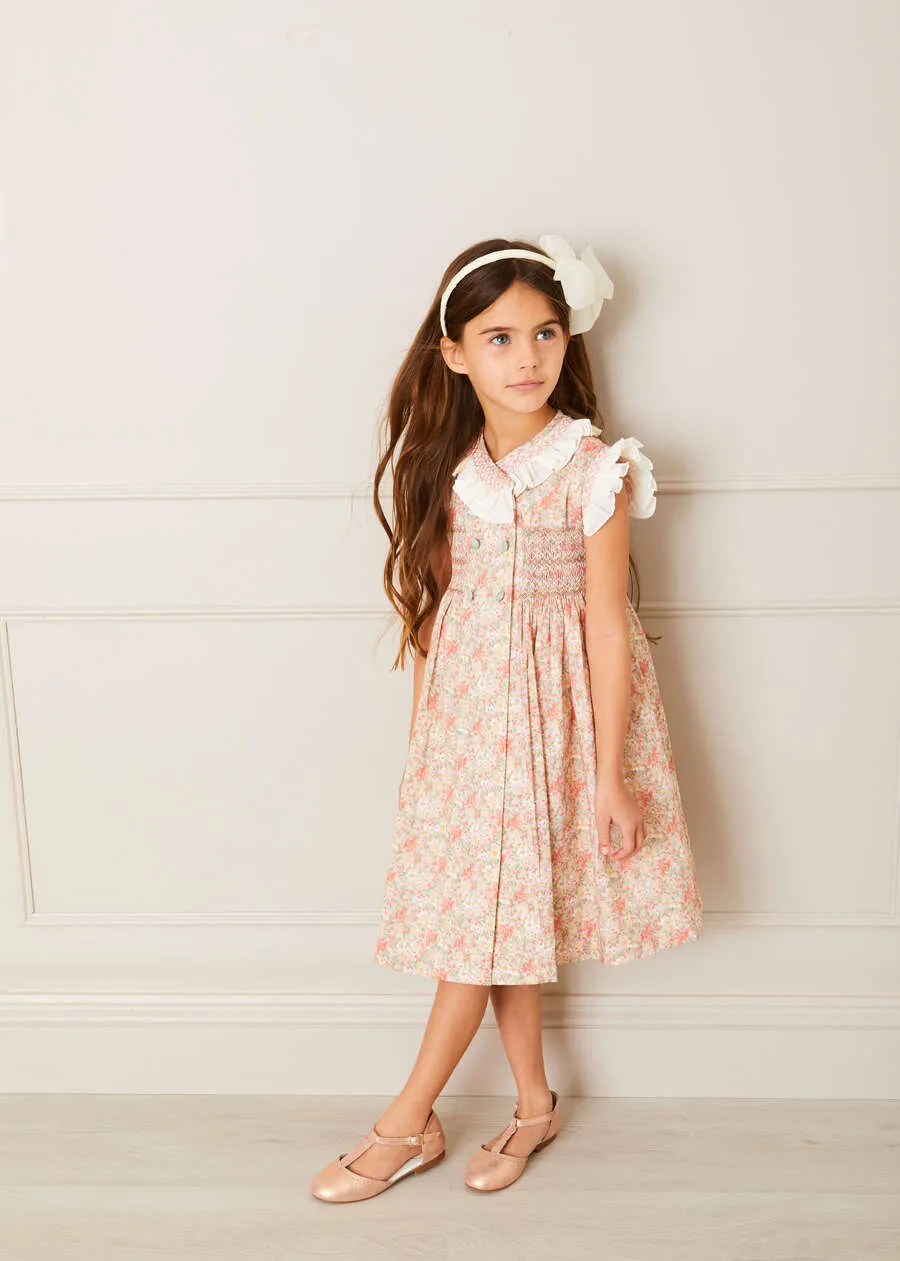 Sophie Floral Print Hand Smocked Double Breasted Dress in Peach (12mths-10yrs)