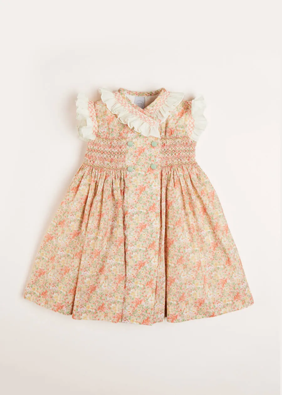 Sophie Floral Print Hand Smocked Double Breasted Dress in Peach (12mths-10yrs)
