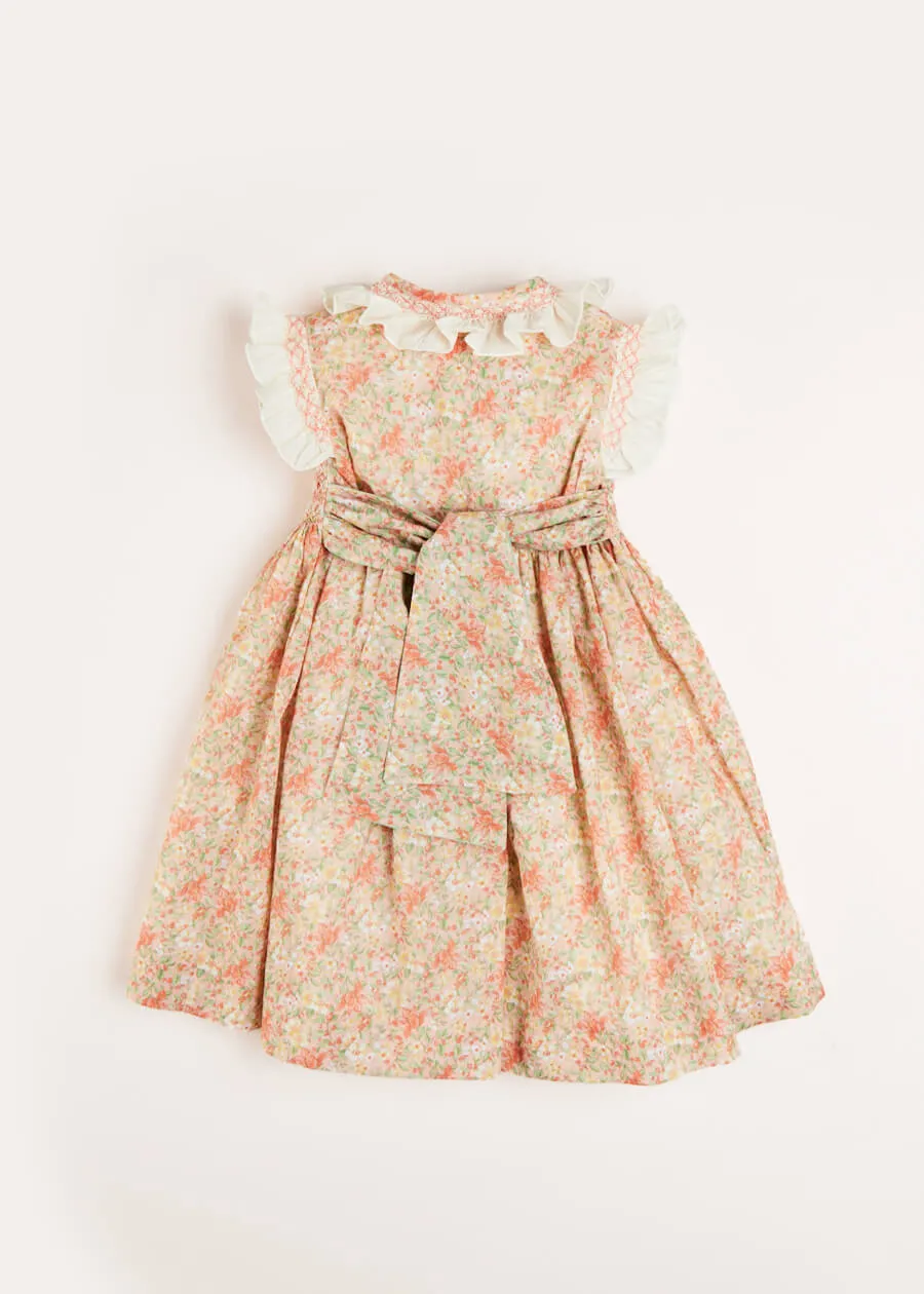 Sophie Floral Print Hand Smocked Double Breasted Dress in Peach (12mths-10yrs)