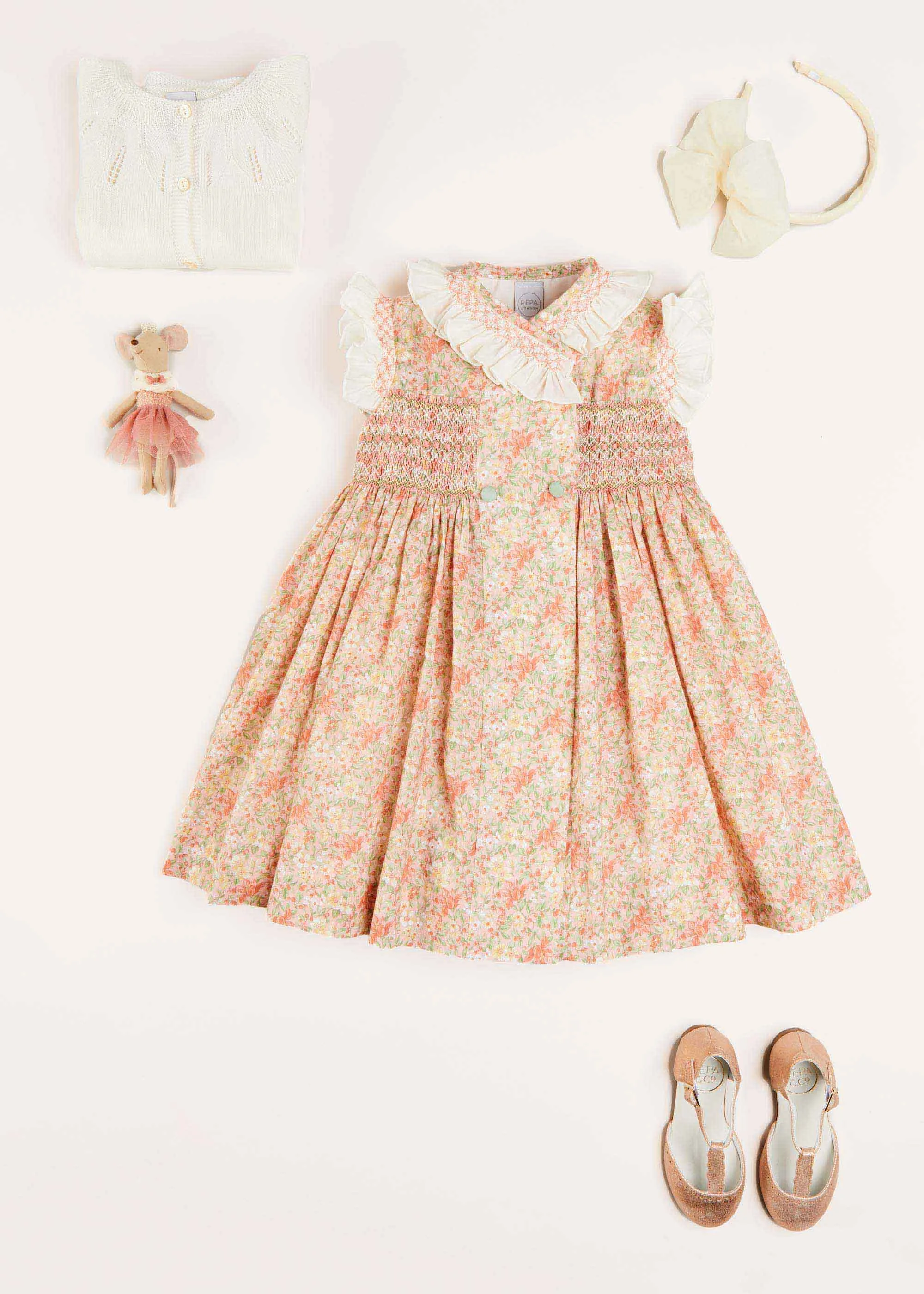 Sophie Floral Print Hand Smocked Double Breasted Dress in Peach (12mths-10yrs)