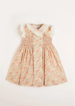Sophie Floral Print Hand Smocked Double Breasted Dress in Peach (12mths-10yrs)
