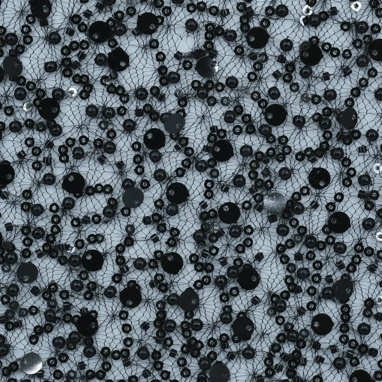 SPIDER NET TULLE FABRIC WITH SEQUINED PEARLS AND CUT BEADS