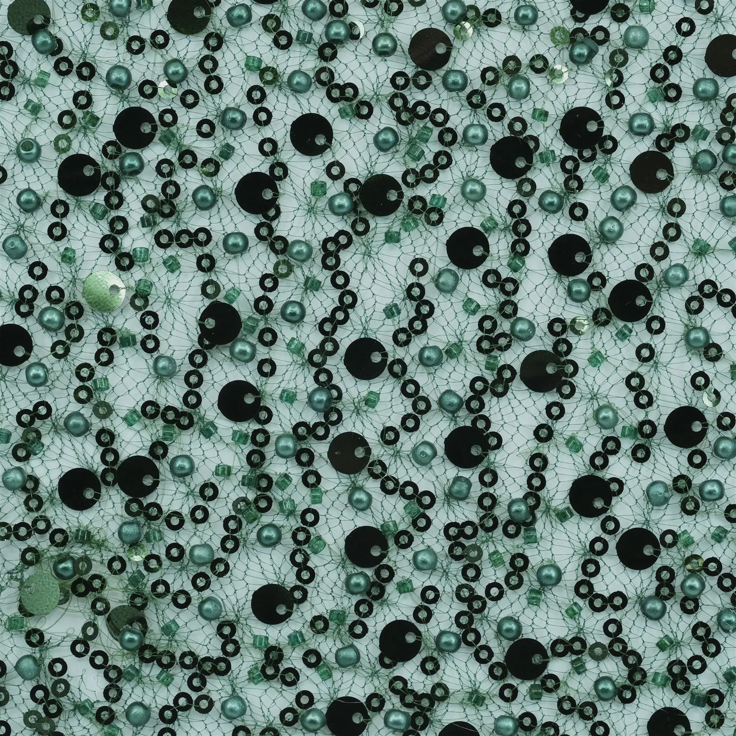 SPIDER NET TULLE FABRIC WITH SEQUINED PEARLS AND CUT BEADS