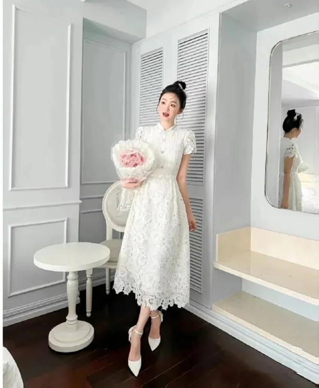 Spring Summer Flower Embroidered White Lace Evening Prom Holiday Dress Short Sleeve Bow with Pearls Beads