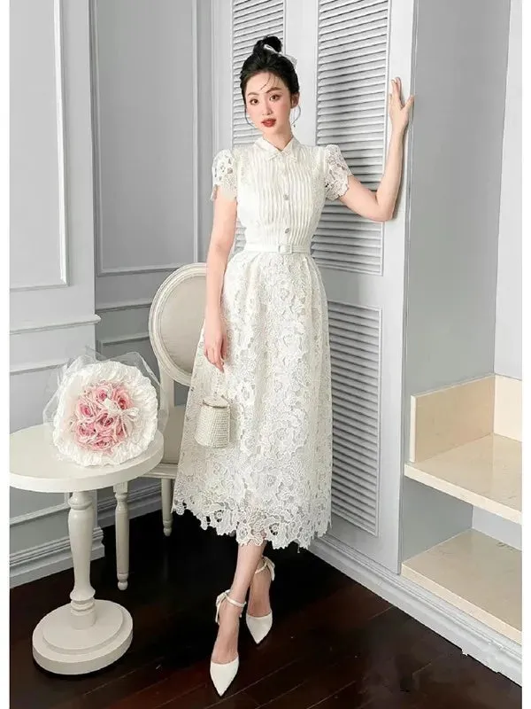 Spring Summer Flower Embroidered White Lace Evening Prom Holiday Dress Short Sleeve Bow with Pearls Beads