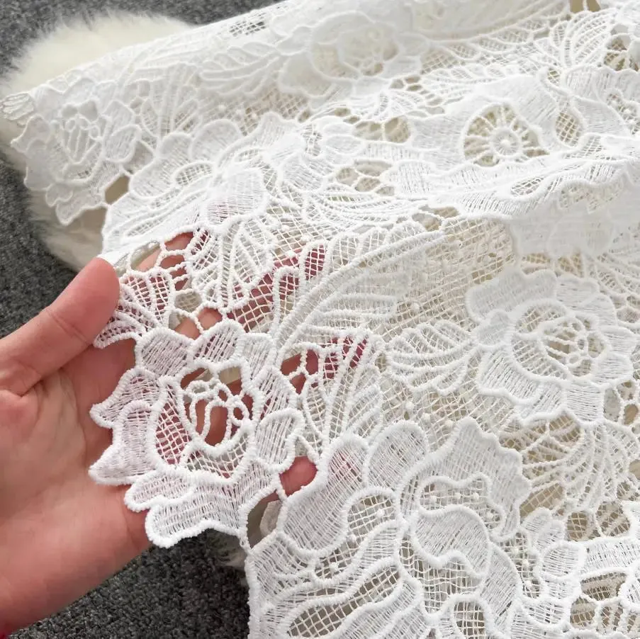 Spring Summer Flower Embroidered White Lace Evening Prom Holiday Dress Short Sleeve Bow with Pearls Beads