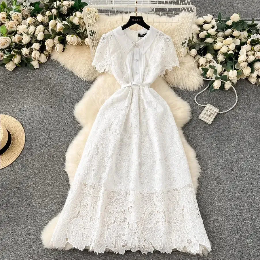 Spring Summer Flower Embroidered White Lace Evening Prom Holiday Dress Short Sleeve Bow with Pearls Beads