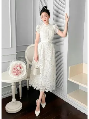Spring Summer Flower Embroidered White Lace Evening Prom Holiday Dress Short Sleeve Bow with Pearls Beads