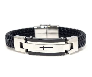 Stainless Steel Cross Black Leather Bracelet