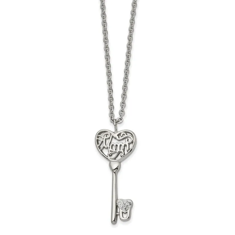 Stainless Steel Mom Lock N' Key Chain Slide Pendant Necklace