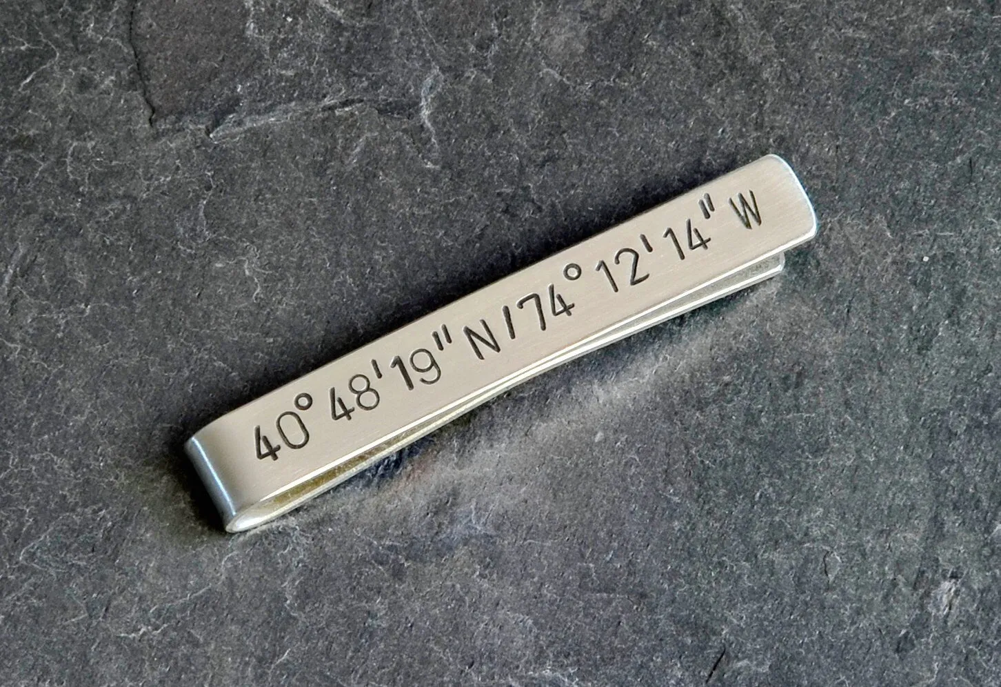 Sterling Silver Tie Clip with Personalized Latitude Longitude Coordinates