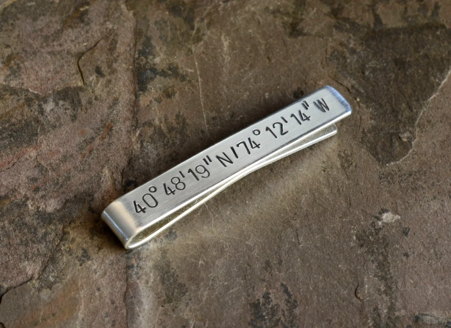 Sterling Silver Tie Clip with Personalized Latitude Longitude Coordinates