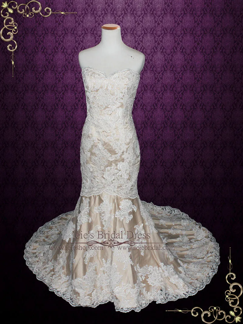 Strapless Sweetheart Ivory Lace Mermaid Wedding Dress with Mocha Lining | Mona
