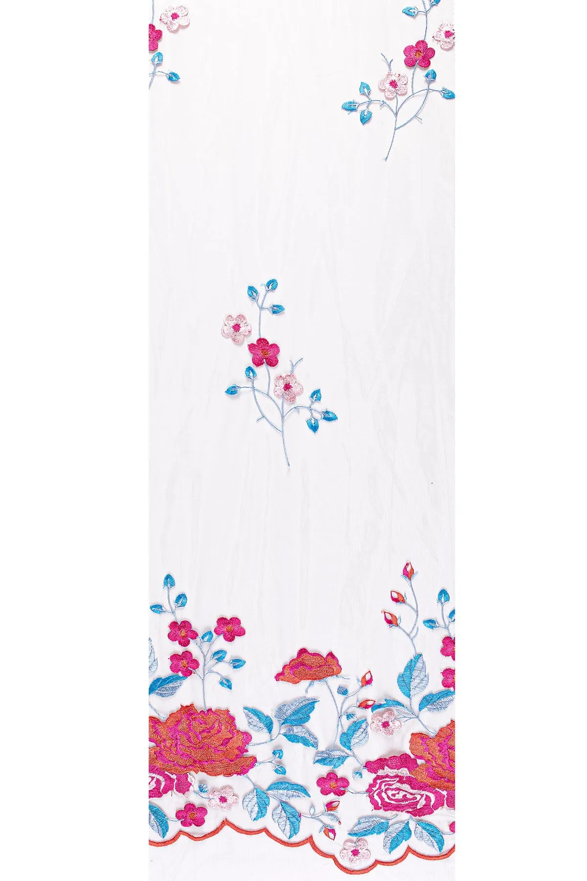 Tan-Blue Scalloped Thread Embroidered Fabric with Vivid Color Floral Design