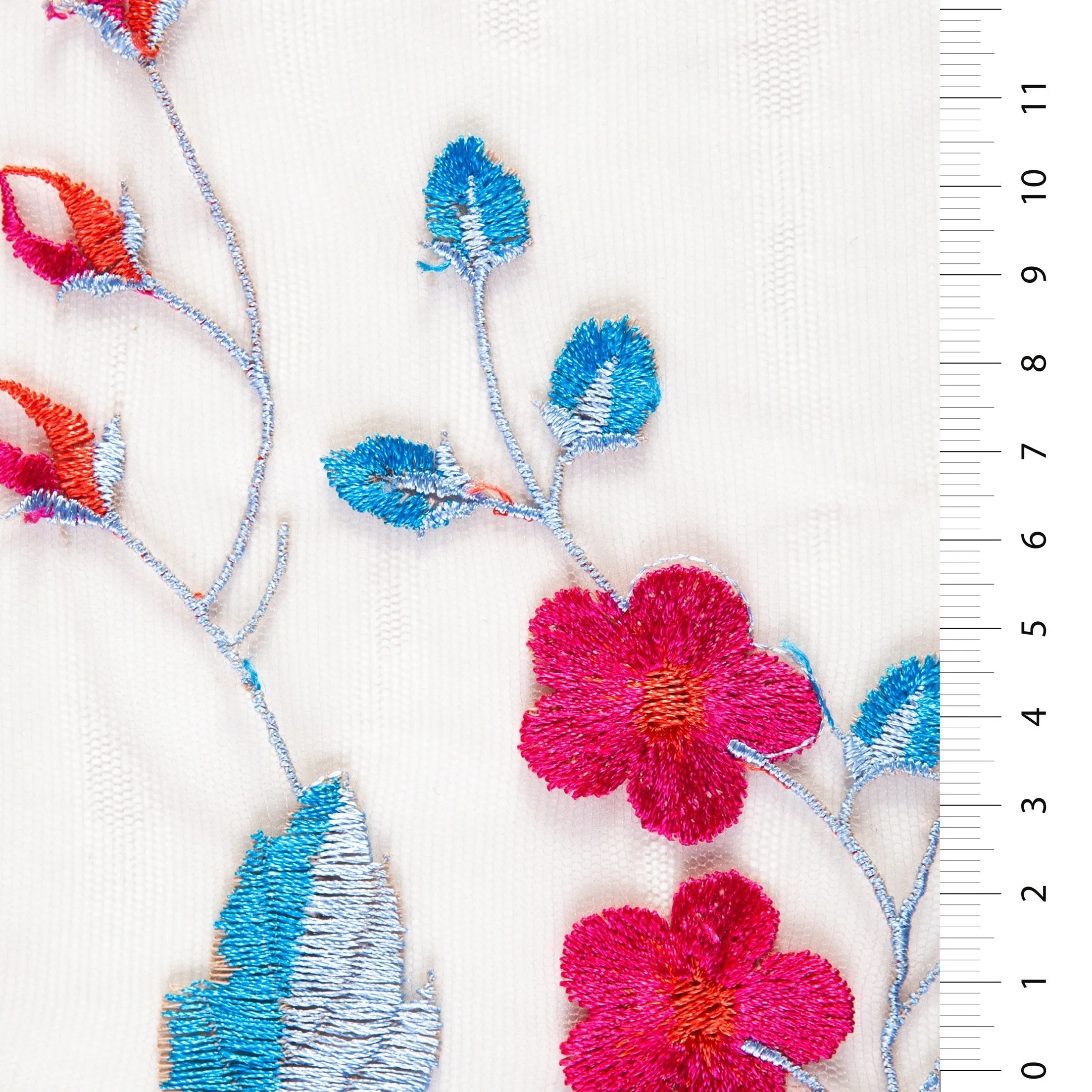 Tan-Blue Scalloped Thread Embroidered Fabric with Vivid Color Floral Design