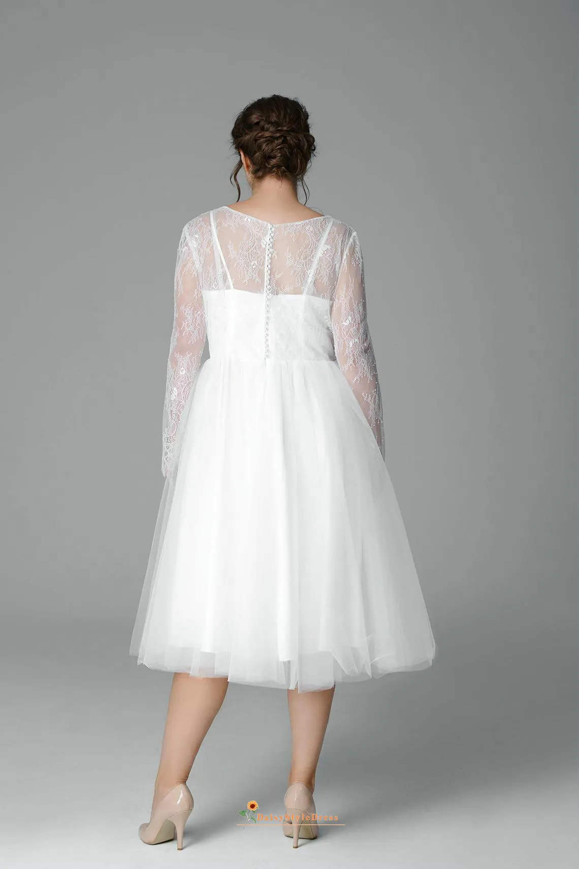 Tea Length Long Sleeve Plus Size Wedding Dress