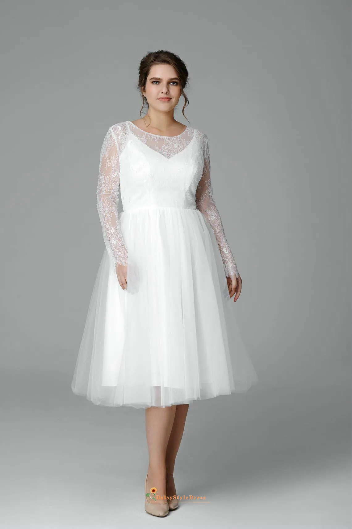 Tea Length Long Sleeve Plus Size Wedding Dress