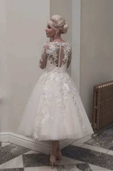 Tea Length Long Sleeve Wedding Dress